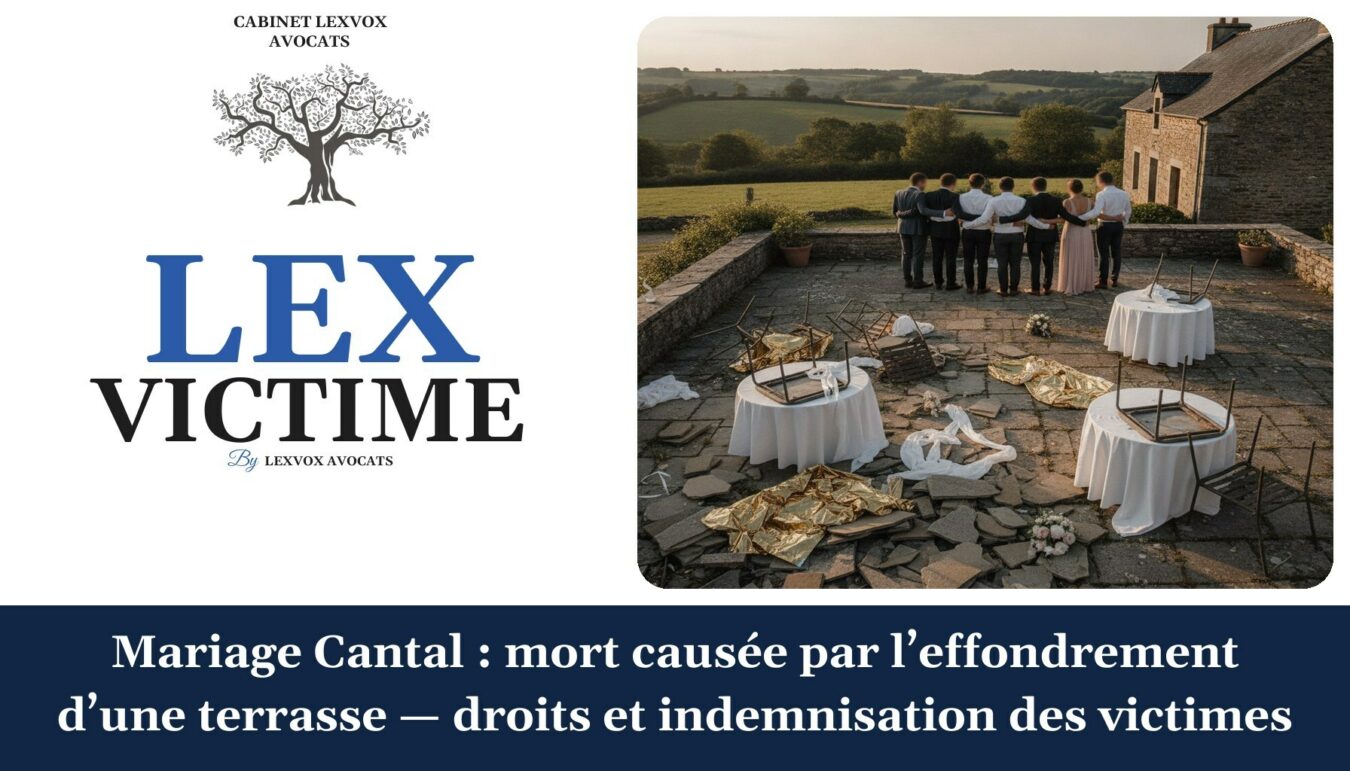 Mariage Cantal : mort causée par l’effondrement d’une terrasse — droits et indemnisation des victimes — cabinet LEXVOX Avocats, Nîmes